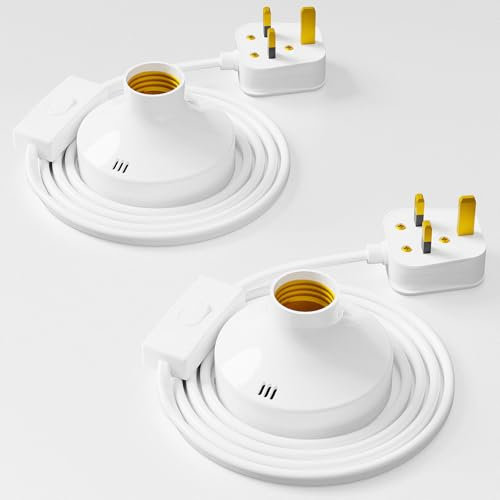 2 Pack E27 Bulb Holder with 1.8m Cable and UK Plug, 100W Max, Screw Lamp Holder with Switch for Table Lamps, Desktop, Bedroom, Living Room, Workroom, Basement,AC 220-240V,without Bulb