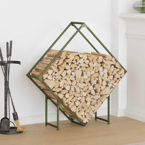 Gecheer Vedställ olivgrön 100 x 25 x 100 cm, vedhållare, trädörr, ved, vedhylla, vedhylla, inomhus vedställ, P864290
