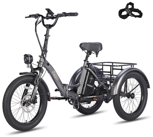 Fafrees 2025 F20 Mate E Tricykel [Officiell] Tredubbla bakre bromsar 21 Ah-batteri, elcykel för herrar 65 N.m, uppdaterad elcykel med 3 hjul (bakre lastkorg, grå)