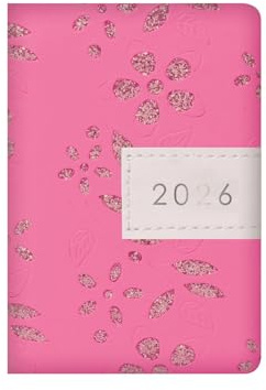 2026 Pocket A7 Diary Week to View - Pink Faux Leather Glitter Flower Embossed Planner - Lightweight Compact Portable Organiser Notebook - Home Office Student Organiser Travel Diary