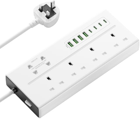 Extension Lead with USB Slots, VoltFlow 4 Way Plug Extension Socket with 8 USB Ports, 1.8M Extension Cable with Switch 13A 3250W Overload Protection Power Strip for Home, Kitchen, Office