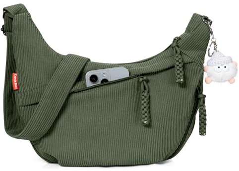 Captain Blues Umhängetasche Damen Crossbody Bag Cord Tasche Halbmond Tasche Damen, Verstellbare Schultertasche mit Reißverschluss und Baumwollfutter, Ideal für Arbeit, Reisen und Uni (Grün)