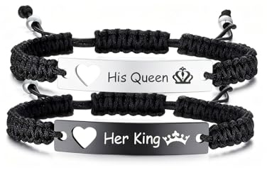 Matching Bracelets for Couples, Personalized His and Hers Gift for Boyfriend Girlfriend, Engravable Couple Bracelets Set for Anniversary Valentine's Day, Long Distance Relationship Gift (KING QUEEN)