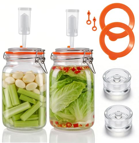Hoyiyobi Vaso de fermentación de 1,5 L, con válvula de gas y peso, juego de iniciación para fermentación, kéfir con tapa, juego de fermentación para chucrut, kimchi, kombucha y encurtidos (2 unidades)