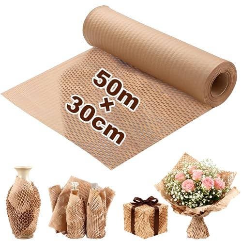 Honeycomb Packaging Paper Roll 50M x 30cm, Packing Filler for Gift Boxes, Shipping & Shoe Boxes, Alternative to Bubble Wrap for Fragile Items