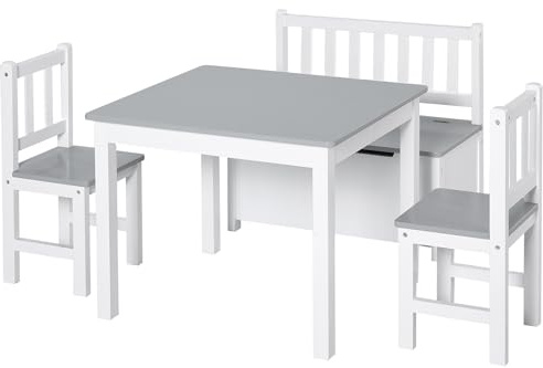 HOMCOM Mesa y Sillas Infantiles de 4 Piezas Mesa Infantil con 2 Sillas y Banco con Almacenaje Juego de Muebles para Actividades para Niños de +3 Años para Dormitorio Sala de Juegos Gris y Blanco