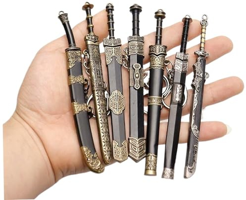 Cndiyald Mini Sword Keychain 7Pcs 4.7in, Ancient Chinese Zinc Alloy Key Chain, Uncut Blade Model for Men Women