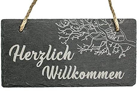 Spruchreif | Schiefer-Tafel mit Gravur „Herzlich Willkommen“ | Türschild aus Schiefer mit Kordel zum Aufhängen | Perfektes Willkommensschild
