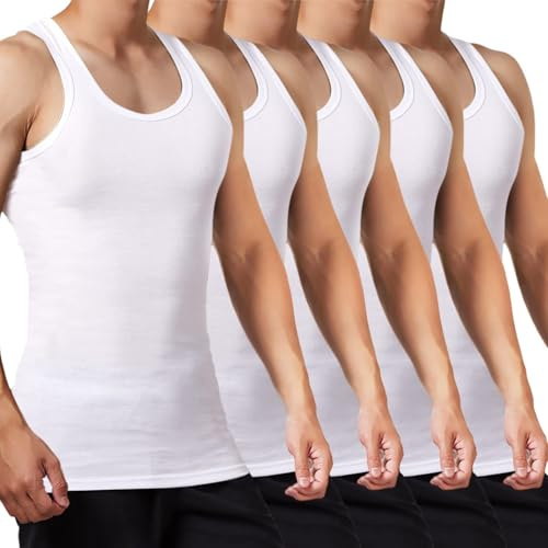 FALARY Mens Vest Tops Pack of 5 Tank Tops Fitted 100% Cotton Basic Plain Color Underwear and Colours White S