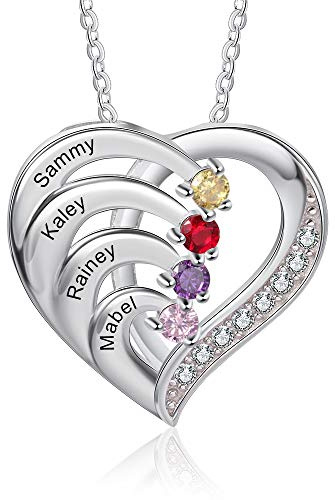 lorajewel Collana da Donna Personalizzata con Nome Pietra di nascita Collana per la Mamma Ciondolo a Cuore in Argento 925 Regalo per Festa della mamma Compleanno Natale (4 Nome)