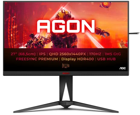 AOC AGON Gaming - AG275QX/EU - 27 Inch QHD Monitor, 170Hz, 1ms GTG, IPS, HDR 400, FreeSync Premium, Gsync Compatible, shadow control (2560 x 1440 @ 170Hz, 400 cd/m² HDMI 2.0 / DP 1.4 / USB 3.2)