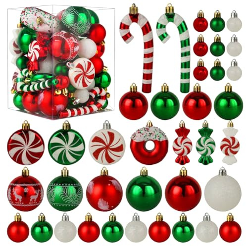 Christmas Tree Ornaments, Green Red White Christmas Ball Ornaments Set of 60 Pack Shatterproof Plastic Xmas Decorations for Home Party Tree