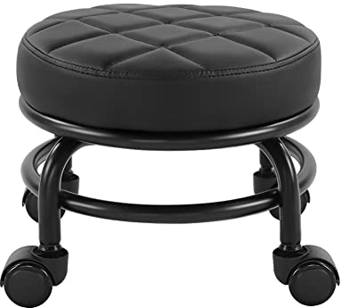 FURWOO Rollsitz PU-Leder Niedriger runder Rollhocker Bodenhocker mit Universal-Rollen für Home Fitness Sport Pediküre Hocker, H：25.5cm(Schwarz)