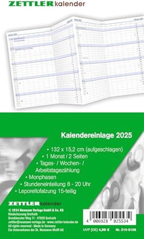 Inserto di ricambio per calendario 2025 – per agenda tascabile Leporello tipo 510 – 8,8 x 15,2 cm – 1 mese su 2 pagine – Quaderno separato – 501 – 6198