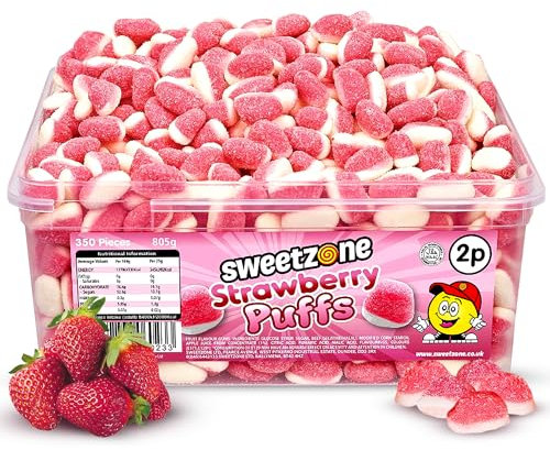 Sweetzone Strawberry Puffs Halal Sweet, Fizzy Fruity Gummies With Wine Gums, Bulk Sweet Sharing Multipack Tubs, Strawberries Gummy Chews, 805g, 350pcs, or Kids, Party Bags, Lunchbox Snacks, Treats UK