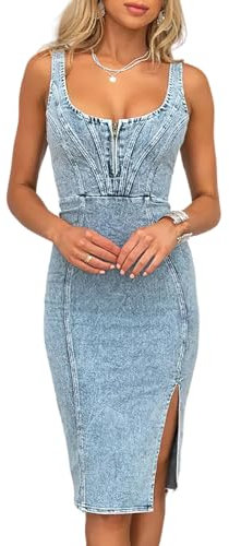 ebossy Women's Sleeveless Bodycon Denim Dress Zipper Up Side Split Casual Slim Mid Long Jean Dresses (XS, Light Blue)
