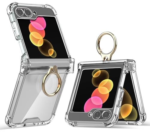 AICase för Samsung Galaxy Z Flip 6 Fodral Klart[Ring Stativ][Gångjärnsskydd] [Anti-gult] Ultratunn Slim Fit Transparent hård PC-telefonfodral för Samsung Flip 6 5G
