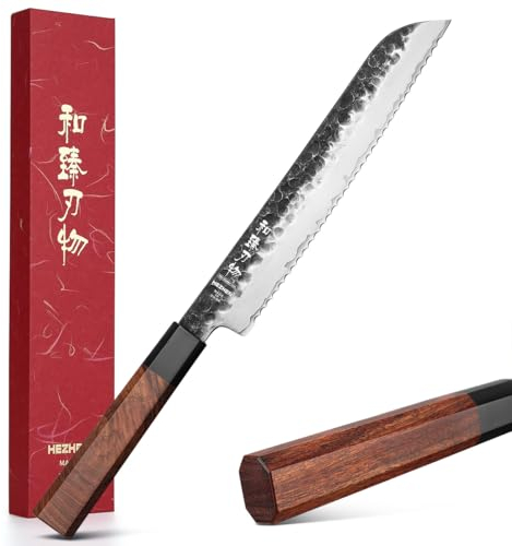 HEZHEN Coltelli da Pane Seghettato, Coltelli da Torta Pasticceria Affettare il Pane, Ottagonale Manico in Legno Rosso