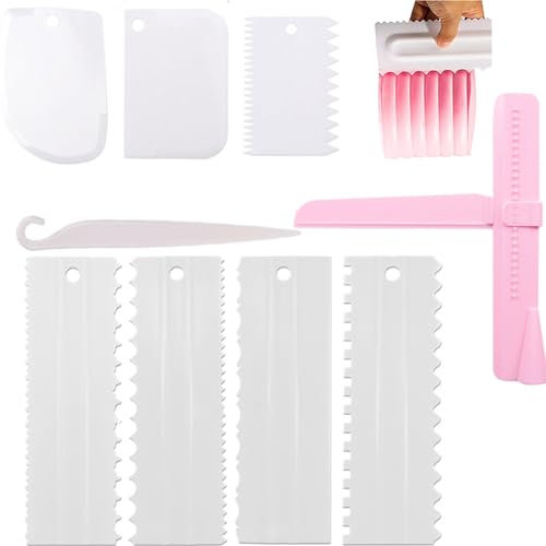 9 Pcs Cake Scraper Set, Cake Edge Smoother Stripes Scraper Cake Decorating Comb Kitchen Baking Mold DIY Tools Pastry Cutter for Baking Enthusiasts, Beginners, Professionals(White)