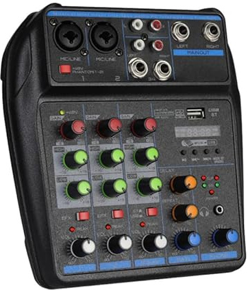 TAVOSOP DJ Audio Mixer, DJ Mixers 4 Channel Sound Board with Bluetooth, Sound Mixer Board XRL/1/4 Interface, USB/MP3 Computer Input 48V Phantom Power Stereo DJ Studio Streaming KTV Stage