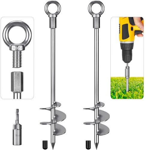 Dolibest Zeltheringe Erdanker Bodenanker, 46cm Schwerlast Zelthaken 2er Trampolin Schraubheringe Groß Sand Erdnägel Spirale Windsturm Spike für Schaukel/Camping/Schuppen/Hund/Carport mit Fester Öse