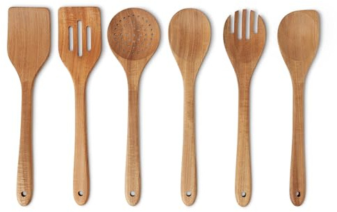 Amazon Basics Ustensiles de Cuisine en Bois , Lot de 6 Pièces, Bois d’Acacia, Préhuilés, Compatibles avec les Poêles et les Casseroles