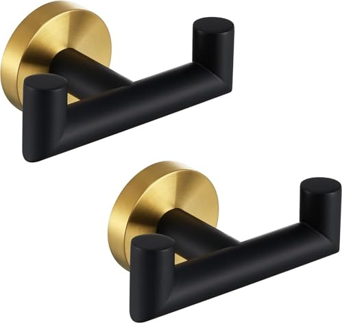 QNIIAED Lot de 2 crochets doubles de porte, crochets à visser en acier inoxydable SUS 304 pour peignoirs, manteaux, crochets muraux pour chambre à coucher ou cuisine (noir et doré)