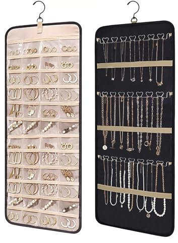 ZYETGH Hanging Jewelry Organizer, Dual-Sided Necklace Holder Anti-Tangle Jewelry Roll with 48 Pockets and 3 Wave-Shaped Hooks for Earrings Necklaces Rings (Black)