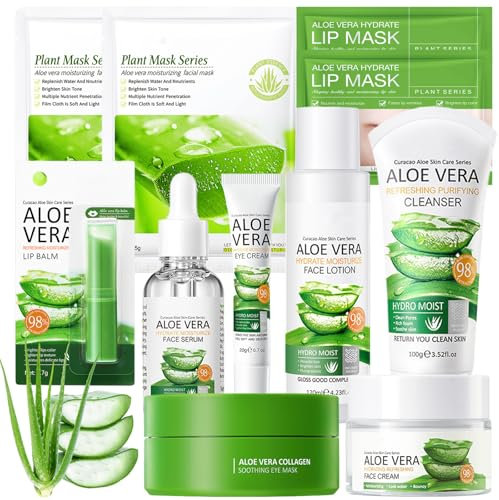 Aloe Vera Hautpflege Sets & Kits,11 Stück Aloe Vera Skincare Set mit Toner,Cleanser,Serum,Creme,Maske,Lippenbalsam,Augenpads,Aloe Vera Gesichtspflege Set Für Teenager Mädchen Frauen