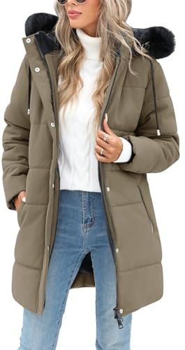 Tuopuda Abrigo Parka Mujer Largo con Capucha de piel Abrigo Gruesa para Mujer Chaqueta de Invierno con Bolsillos Chaqueta de Cremallera Abrigo Resistente al Viento, Caqui, XXL