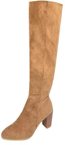 VBEDKDEB Boots - Botas altas por la rodilla para mujer, tacón grueso, punta puntiaguda, cremallera lateral larga, ante, moda casual, botas de jardín para mujer, caqui, 39 EU