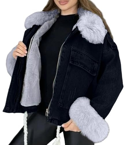 Fleecefodrad jeansjacka kvinnor med fuskpälskrage huvjackor långärmad jeans dragkedja varma rockar med ficka kort trench fleecefodrad jacka streetwear vardaglig denim ytterkläder med fickor