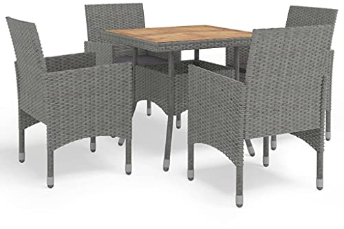 JHQHSM Gruppo da giardino da 5 pezzi, grigio in rattan sintetico e legno di acacia, con struttura esterna resistente alle intemperie e struttura in acciaio resistente per una seduta confortevole