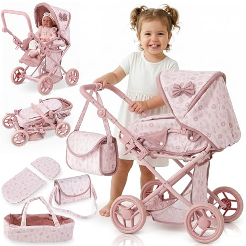 Kinderplay 3-i-1 dockvagn med bärväska, höjdjusterbar barndockvagn 36,5–64 cm, vikbar leksak, barnvagn med tysta skumhjul, för dockor upp till 40 cm, från 3 år