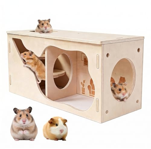 SXTDKMJ Casa de hámster de madera, casa de hámster con túnel y 2 cámaras, animales pequeños, túnel, juguete de exploración para hámsters enanos, hámsters sirios, jerbos, erizos