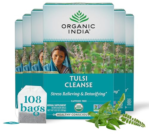 Organic India Tulsi Cleanse Detox Tea - Holy Basil, Ginger, Turmeric, Herbal Tea, Stress Relieving & Cleansing, Immune Support, Adaptogen, Organic, Non-GMO, Caffeine-Free - 18 Infusion Bags, 6 Pack