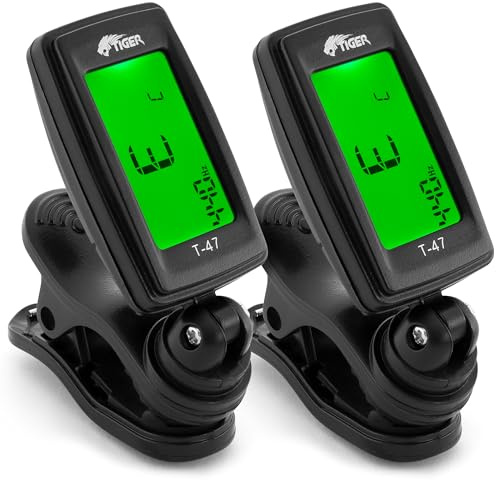 TIGER T-47 Clip On Tuner digital kromatisk tuner för akustik, elektrik, basgitarrer, banjo, ukulele, violin – 2-pack | För akustiska, elektriska, basgitarrer, banjo, ukulele, fiol – paket med 2