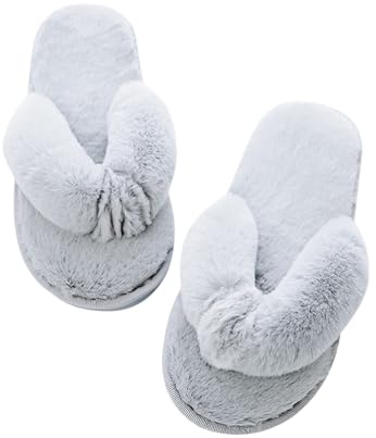 JoWebb Women's Cosy Slippers, Ladies' Fluffy Faux Fur House Flip Flops, Warm Comfy Open Toe Slippers Indoor Shoes Grey (Sole 40/41) 5.5/6.5 UK