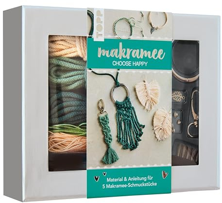 Frech Makramee-Schmuckset „Choose Happy“ (Petrol/Natur): Anleitung und Material für 5 Makramee Schmuckstücke. Mit Makramee-Drahtbürste und Knüpfboard.