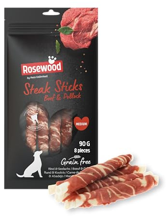 Rosewood Steak Sticks Bœuf et Colin Petit – Friandise à mâcher pour Chien, Peau de bœuf et Colin, Aide aux Soins dentaires, sans céréales, sans additifs artificiels, 90 g