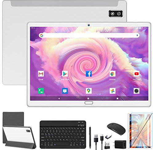 Android 13 Tablet, 2024 Latest 2 in 1 Tablet 10.1 Inch HD, 4G Cellular Tablet with Keyboard, 64GB+4GB Storage, Octa-Core Processor, 2 Sim Slot, 13MP Camera, Mouse/Stylus/GPS/WiFi/Bluetooth (Silver)