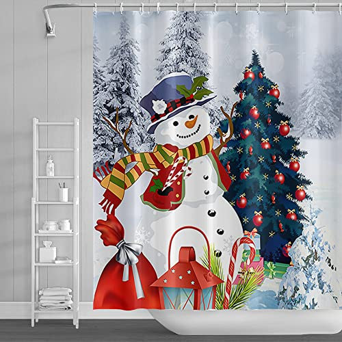 SDOTPMT 122x183cm Merry Christmas Shower Curtain Winter Funny Cute Snowman Christmas Tree Ball Bath Curtain Snowflake Happy New Year Bathtub Curtain for Kids Bathroom Fabric Polyester with Hooks