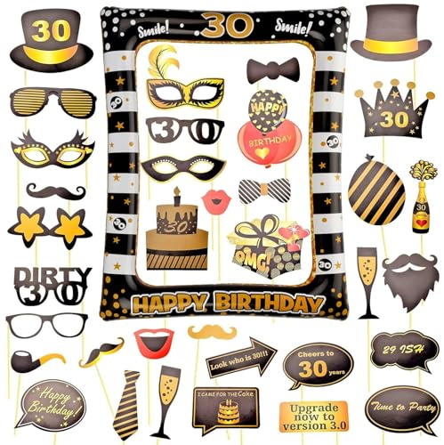 AIBAOBAO 30 Cumpleaños Photo Booth Props, 35 Piezas Kit + 1 Marco Photocall Atrezzo Selfie Inflable para Decoración de Fiesta DIY, Cumpleaños Fotocall, Accesorios para Cabina de Foto