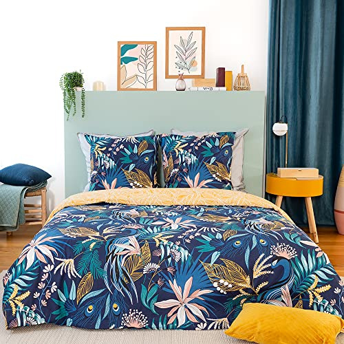 CÔTE Deco Parure de Lit 220x240cm Feuilles Tropicales Bleu Coton - 3 pièces