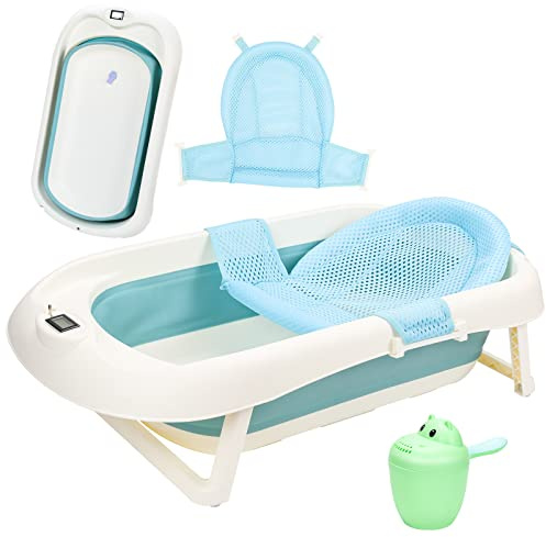 Tubiaz Baignoire Pliable pour Bébé avec Thermomètre, Coussin de Bain, Gobelet de Lavage pour les Cheveux - 0 à 3 Ans, Verte