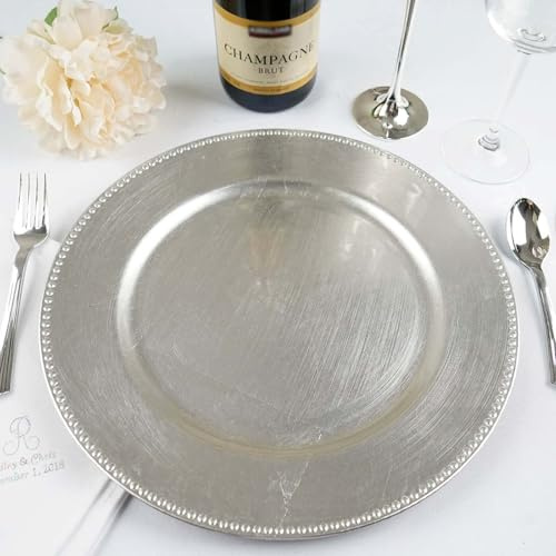 Efavormart 6 pcs 13 Metallic Silver Beaded Round Charger Plates for Tabletop Decor Holiday Decoration