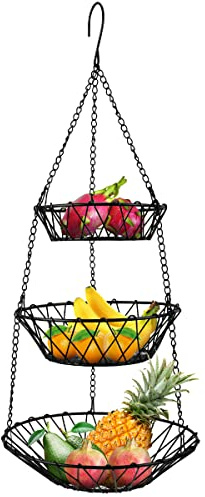 BUYGOO Fruktkorg med 3 våningar, hängande, avtagbar, fruktskål fruktförvaring, grönsakskorg fruktställ med hängare, fruktkorg bänkskiva, fruktskål grönsak, brödkorg, visningsställ