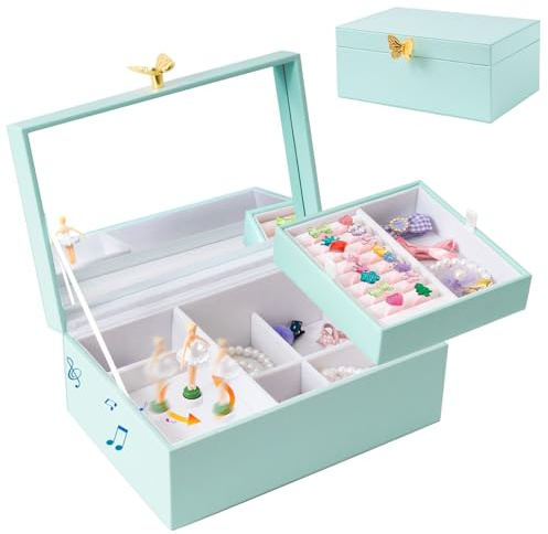 ProCase Musik, smyckeskrin med ballerina och fjärilshandtag, speldosa, 2 lager smyckesförvaring för kvinnor – blå