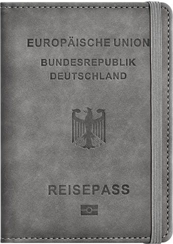 DEFWAY RFID Schutz Personalisiert Reisepasshülle - Kunstleder Reise Gadgets Impfpass Hülle für Damen Herren, Air Travel Essentials, Grau