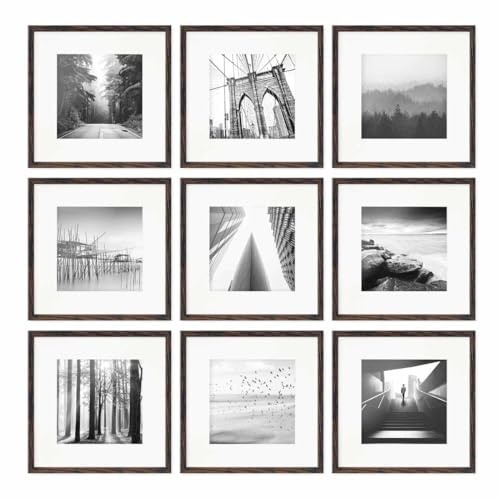 PHOTOLINI Set di 9 cornici per poster 30x30 cm con passe-partout 20x20 cm legno MDF rovere scuro, plexiglass infrangibile, da parete, accessori inclusi - per foto, immagini e poster